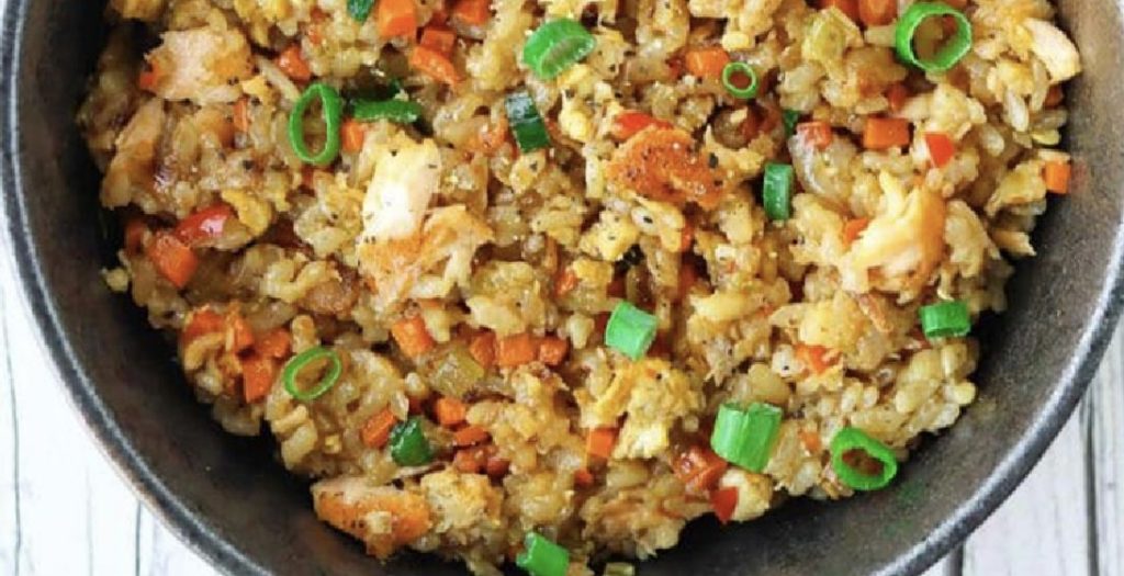 Salmon Fried Rice with Cabbage and Carrot